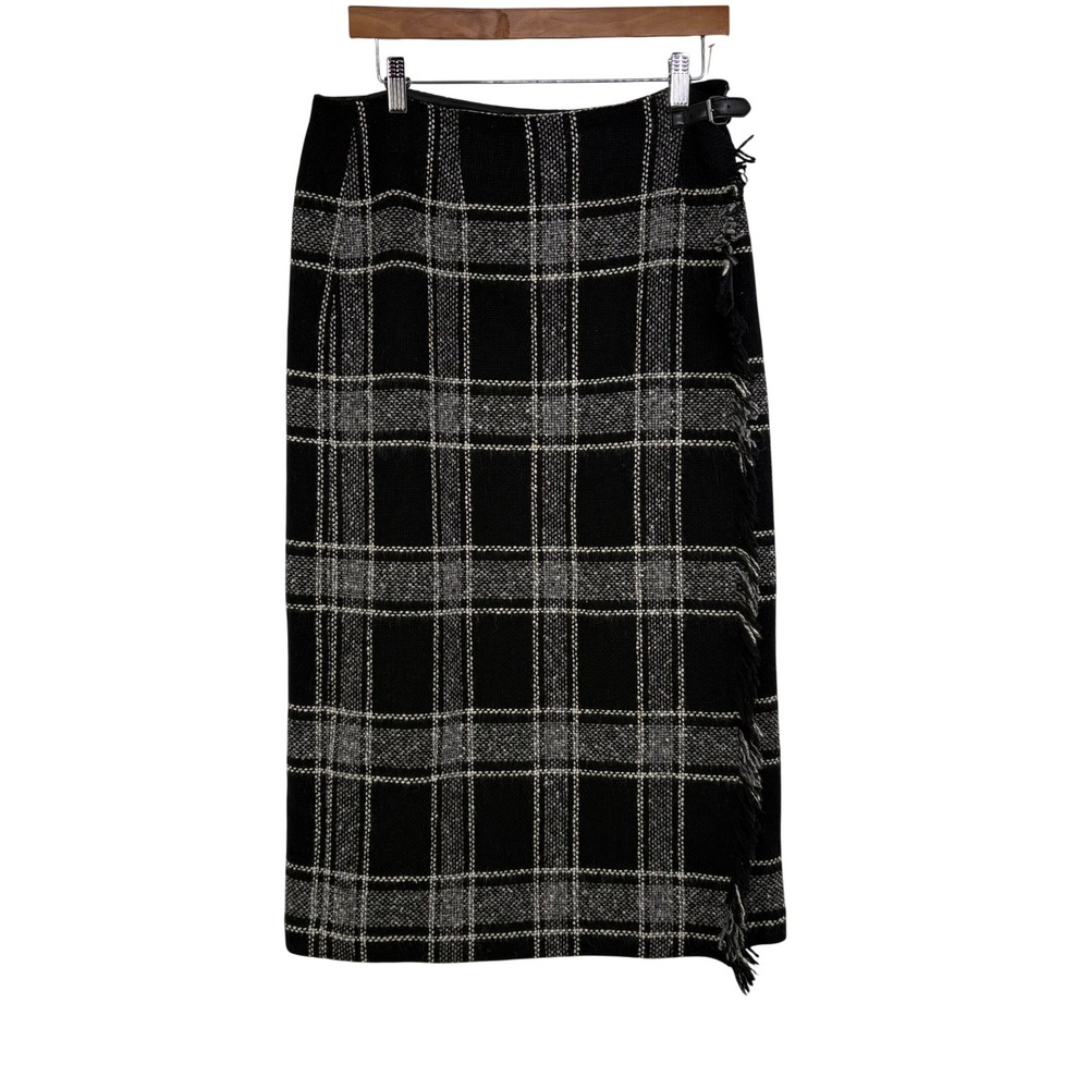 Talbots Petites Wool Blend Plaid Fringe Wrap Midi Skirt Black White Grey 12P